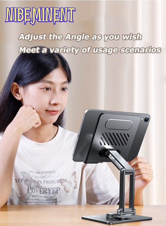 NIBEMINENT حامل لوحي قابل للطي، حامل آيباد قابل للتعديل مع قاعدة دوارة 360°، حامل لوحي من سبائك الألمنيوم، حامل هاتف قابل للطي متعدد الاستخدامات، متوافق عالميًا مع الأجهزة من 4.7" إلى 13" رمادي - Image 3